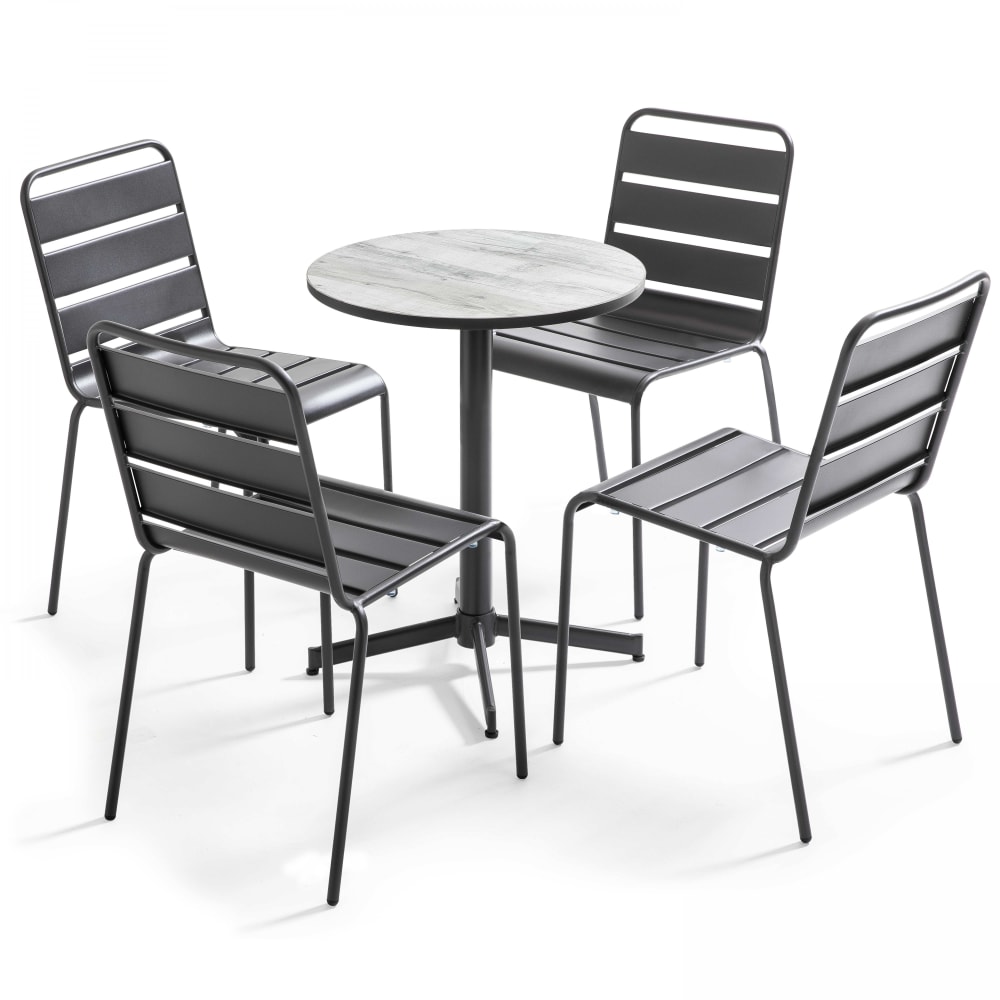 Ensemble de terrasse table ronde et 4 chaises gris