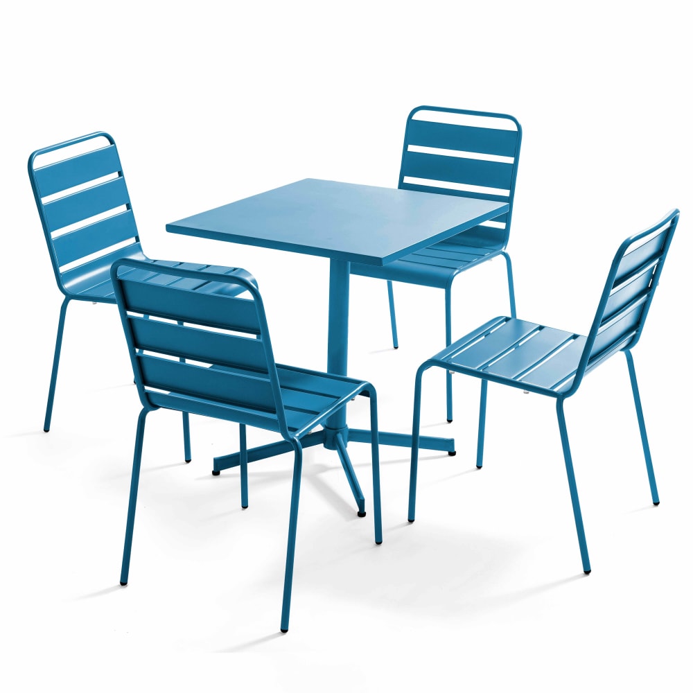 Ensemble table de jardin carrée et 4 chaises bleu pacific