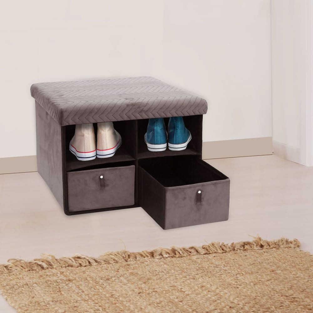 Banc de rangement pliant 2 niches et 2 tiroirs en velours gris - Maisons du Monde