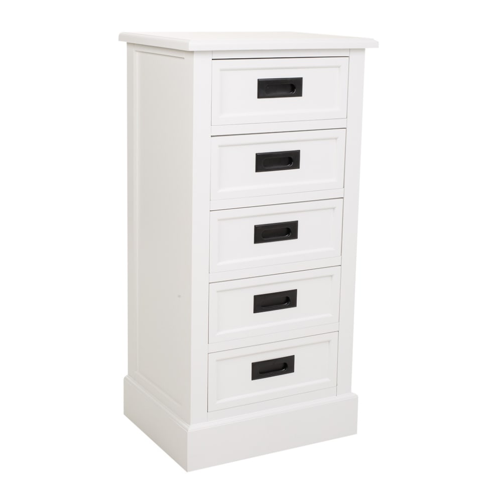 Commode artisanale en bois avec 5 tiroirs, blanc, 45x35x90 cm