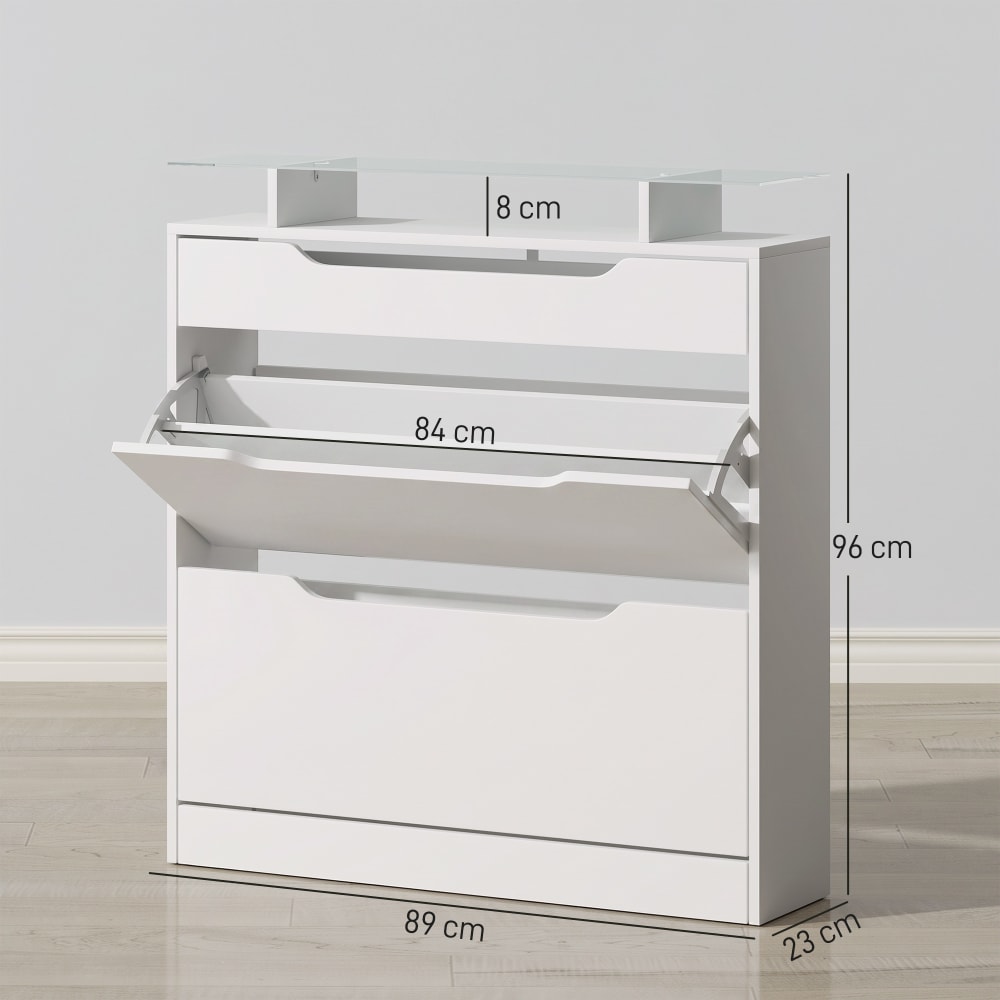 Scarpiera slim a 2 cassetti con ripiano in vetro 89x23x96 cm