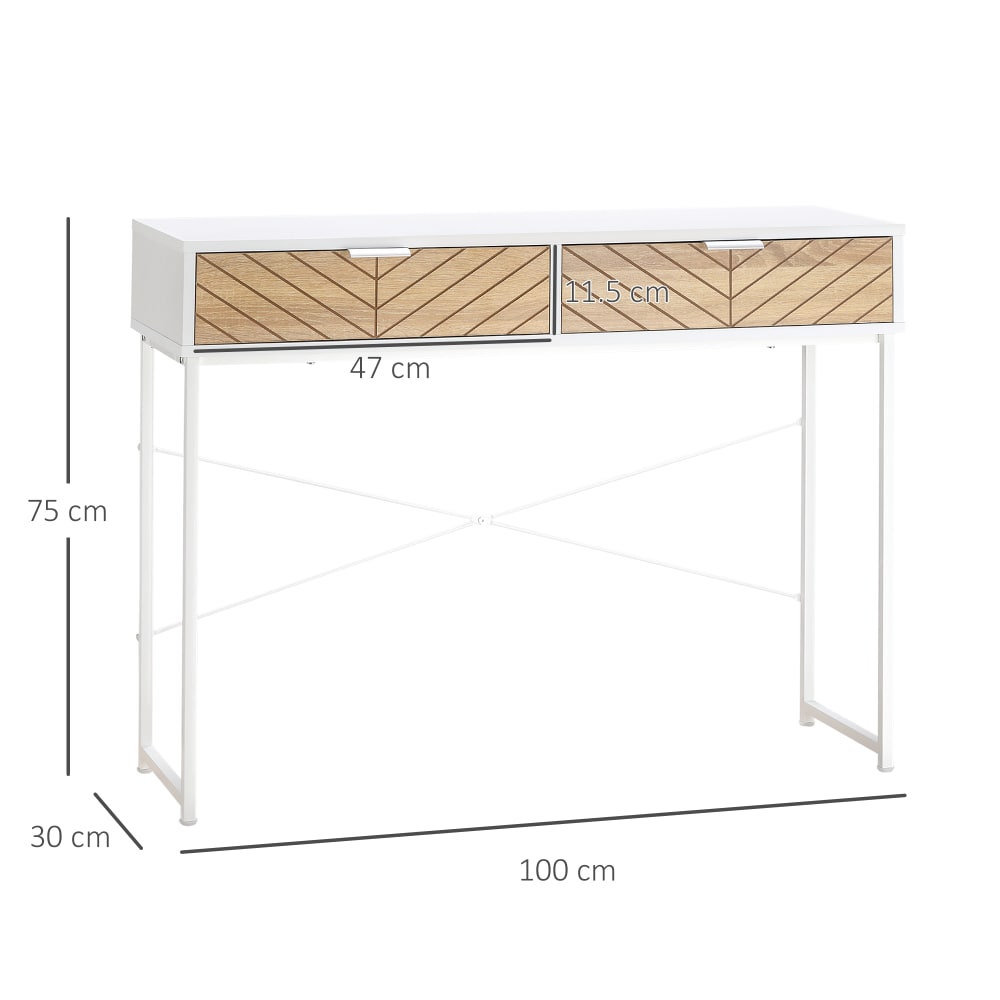 Consolle moderna con 2 cassetti in metallo 100x30x75cm bianco -