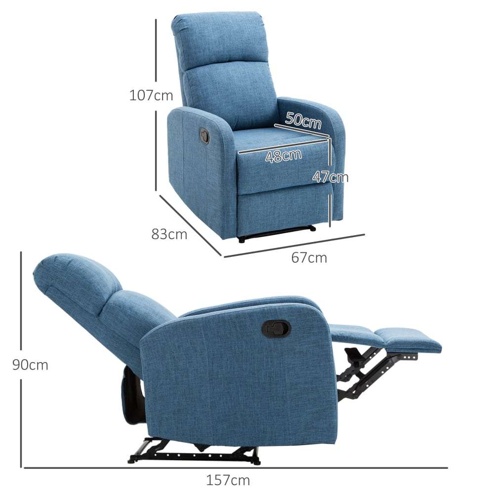 Poltrona relax reclinabile manuale in tessuto di lino blu -
