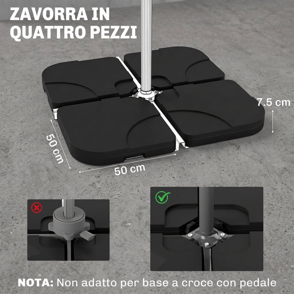 Set 4pz base per ombrellone da giardino plastica nera - Outsunny