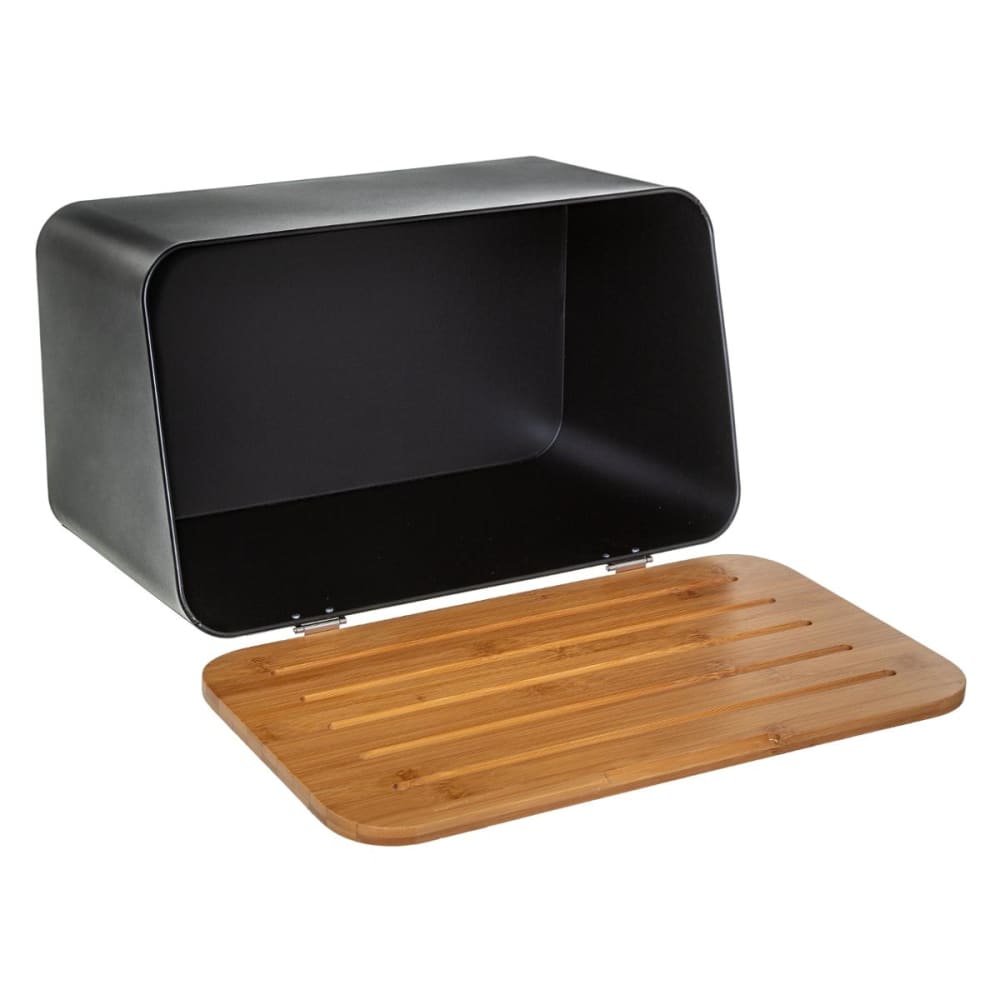 Boîte à pain en métal noir et planche à découper bambou