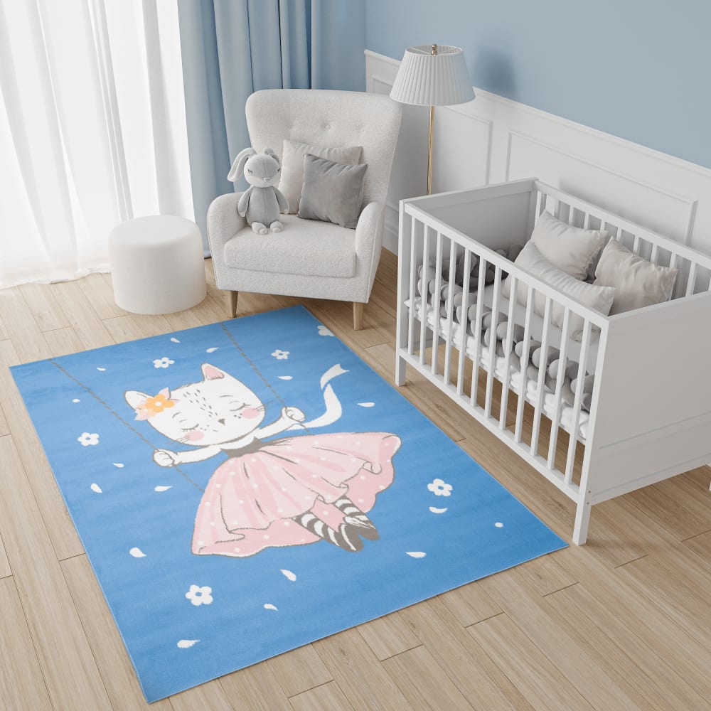 Alfombra para niños azul blanco rosa negro gato fina 160 x 220 cm - Maisons du Monde