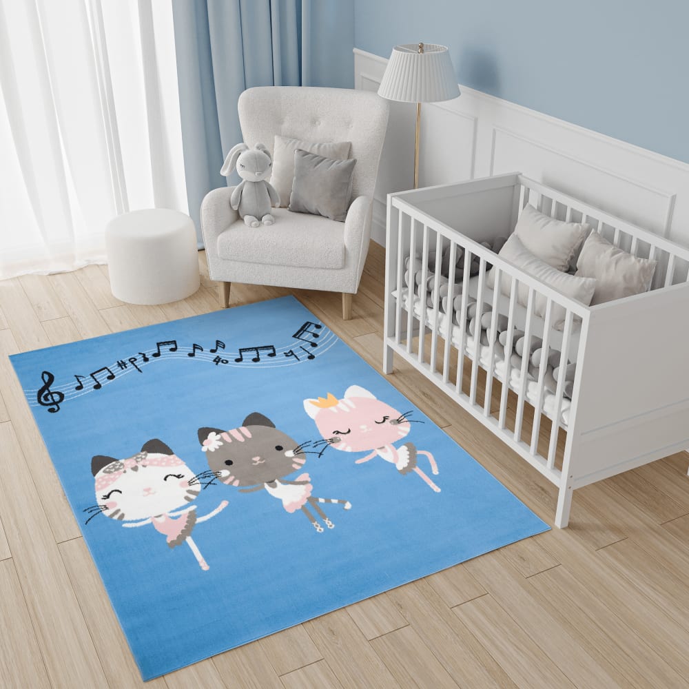 Tappeto per bambini azzurro bianco gatti pentogramma 160x220 -