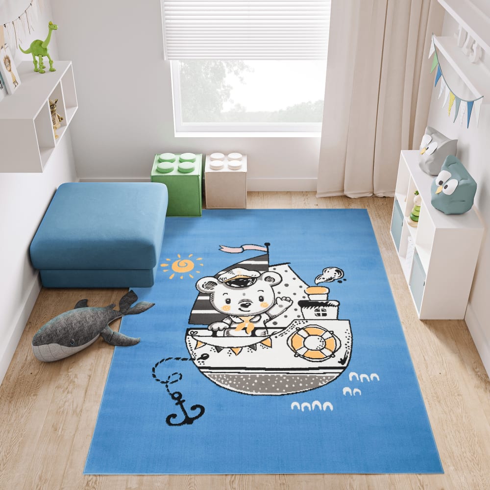 Alfombra para niños azul amarillo gris blanco oso bote fina 140x200 - Maisons du Monde