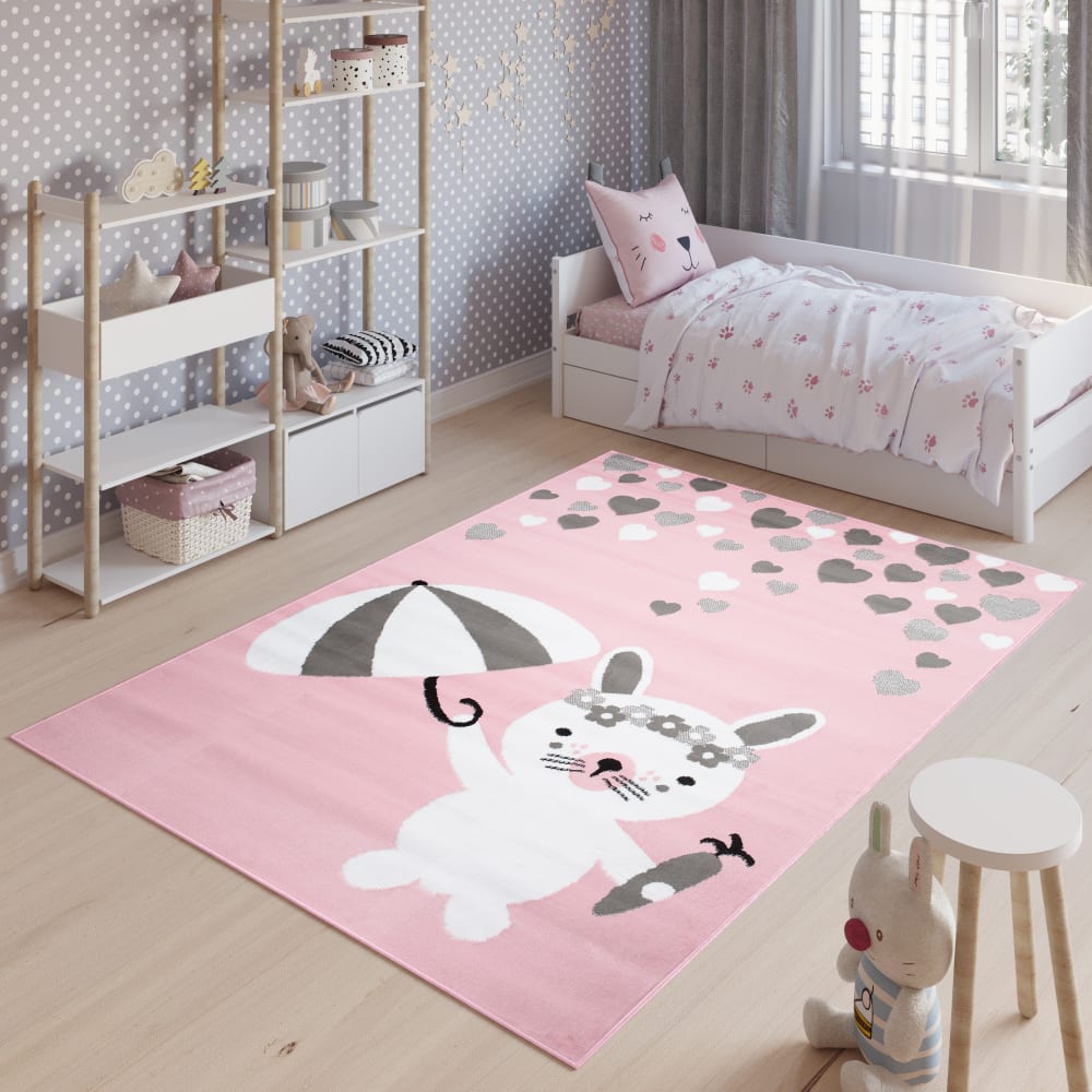 Alfombra para niño rosa gris blanco conejo 80x150cm - Maisons du Monde