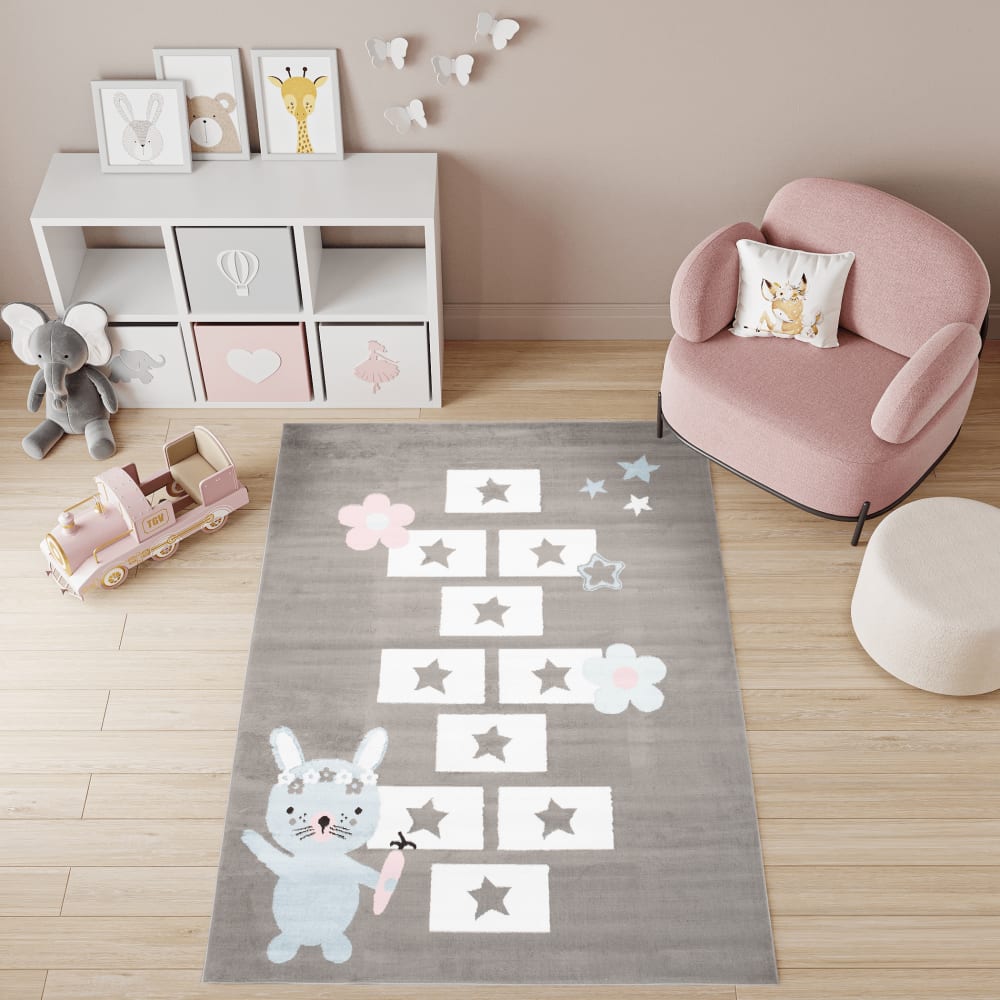Alfombra para niños gris blanco rayuela suave 140 x 200 cm - Maisons du Monde