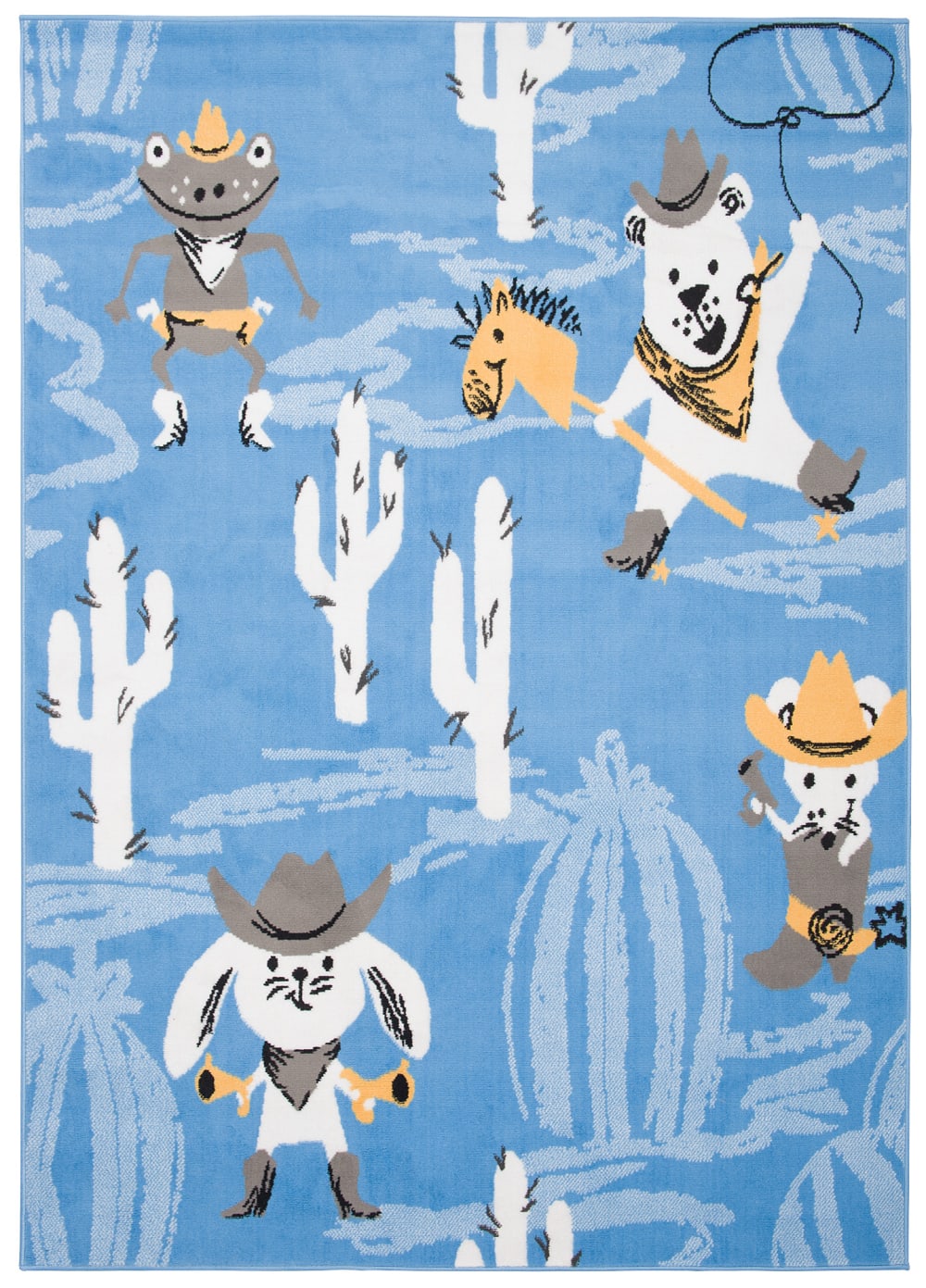 Alfombra para niños azul blanco amarillo gris animales cactus 140x200