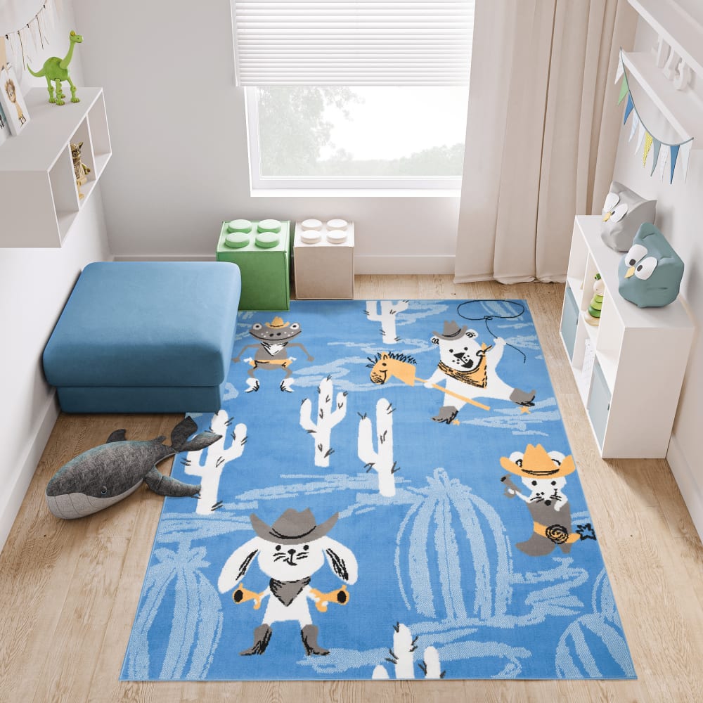 Tappeto per bambini azzurro bianco animali cactus 140x200 -