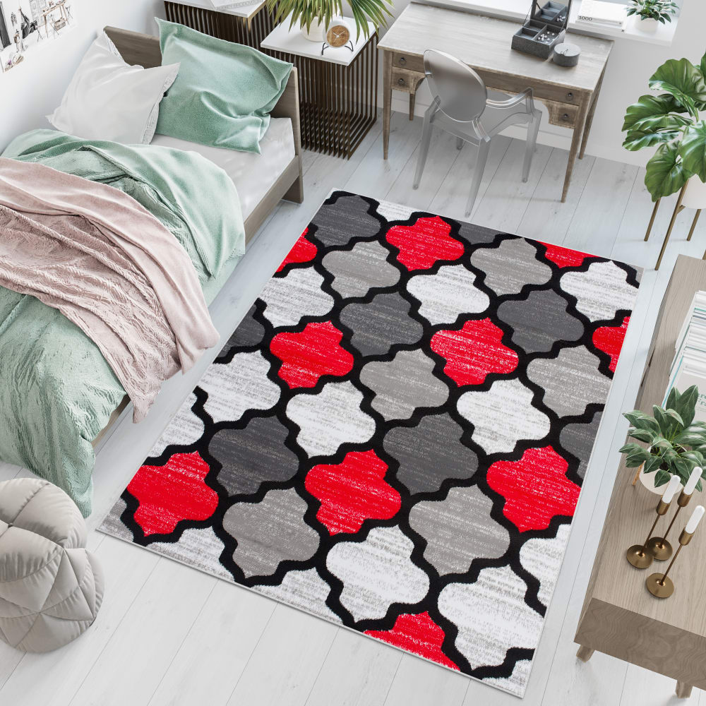 Tappeto per bambini rosso grigio bianco nero trellis 200x300 -