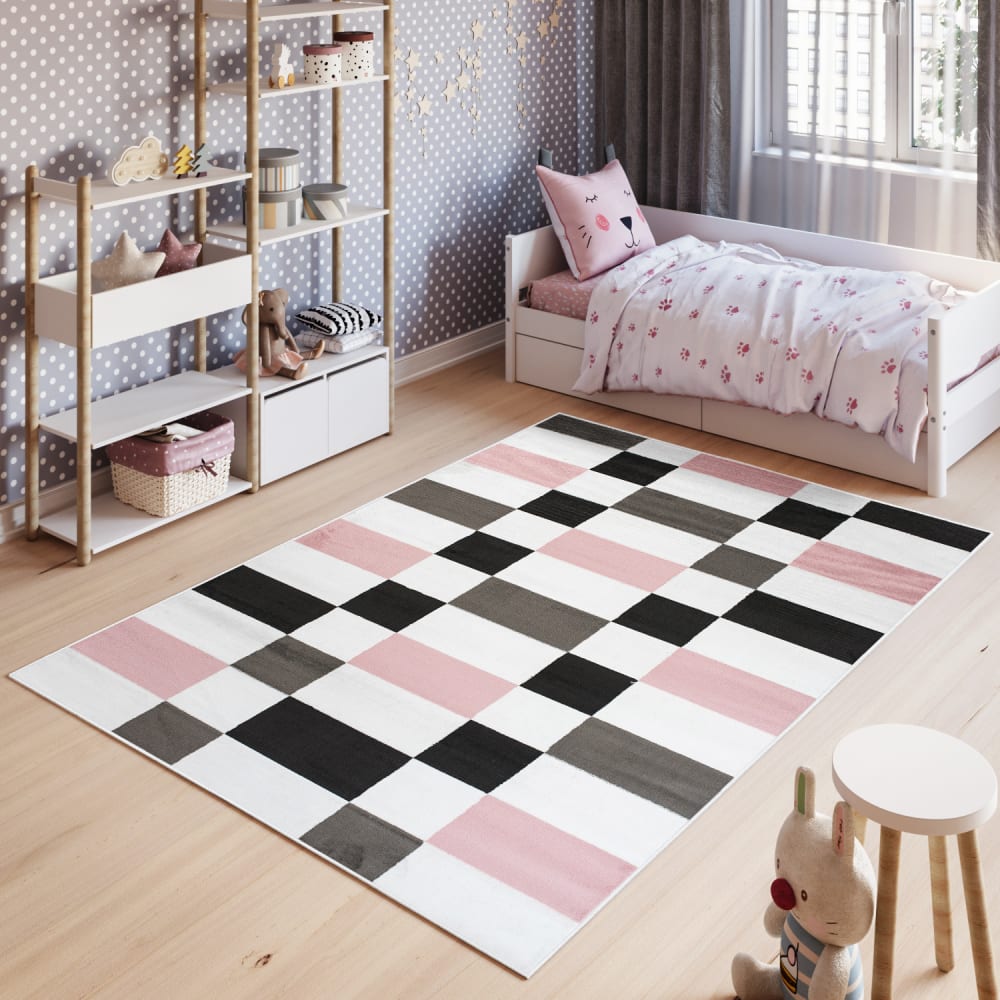 Tappeto per bambini rosa bianco nero geometrico 200x300 - Tapiso