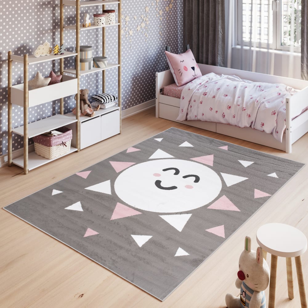 Tappeto per bambini grigio bianco rosa sole 180x250cm - Tapiso