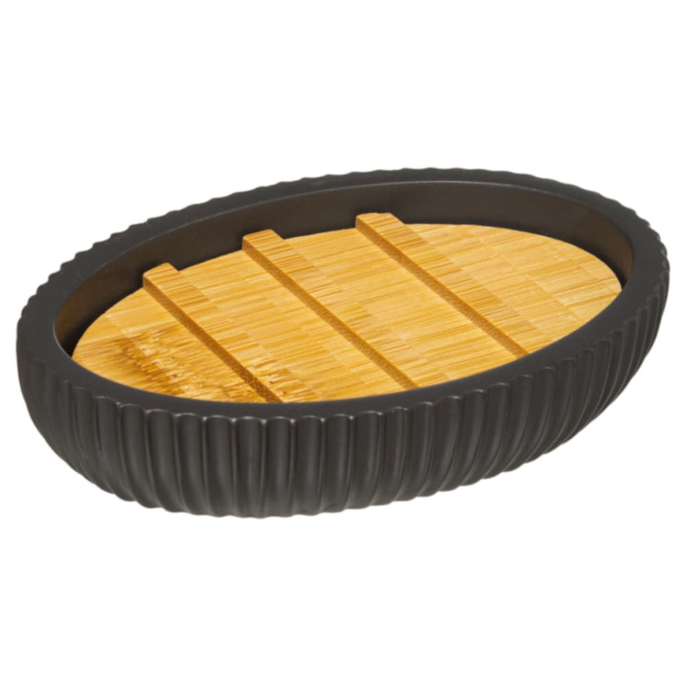 Porte savon polyrésine noir et bambou - 12.5x9x2.5cm