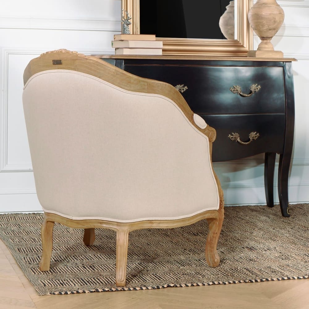 Fauteuil bergère en bois massif et lin naturel beige
