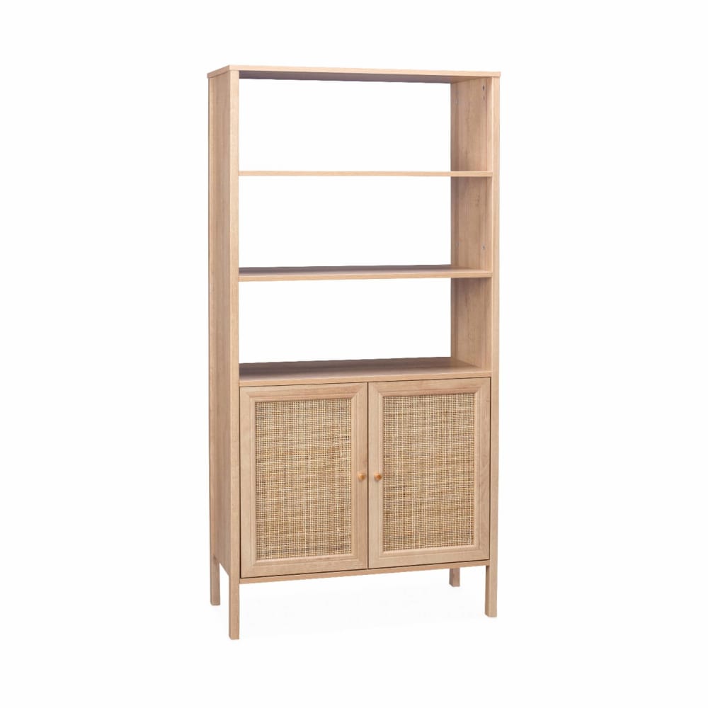 Bibliothèque effet bois et cannage, 4 niveaux
