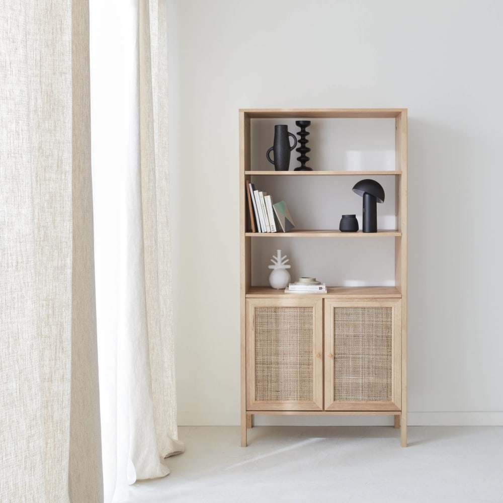 Bibliothèque effet bois et cannage, 4 niveaux