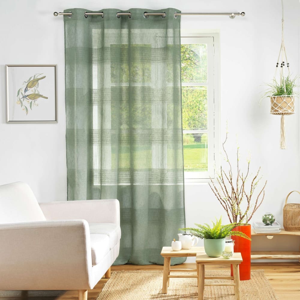 Voilage rayé fils chenille  - effet lin polyester vert 140x240 cm