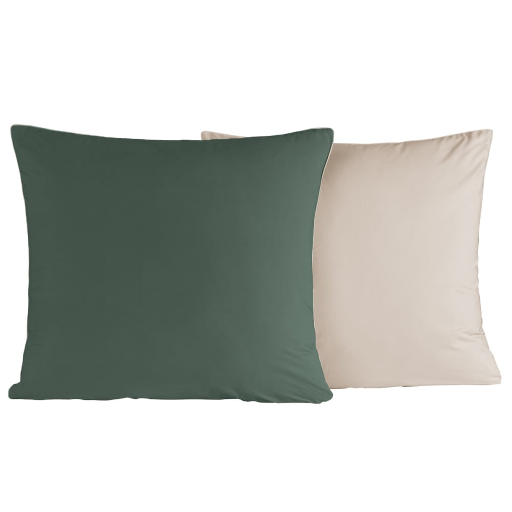2 taies d'oreiller bicolores en percale Eucalyptus/Ficelle 65x65 cm