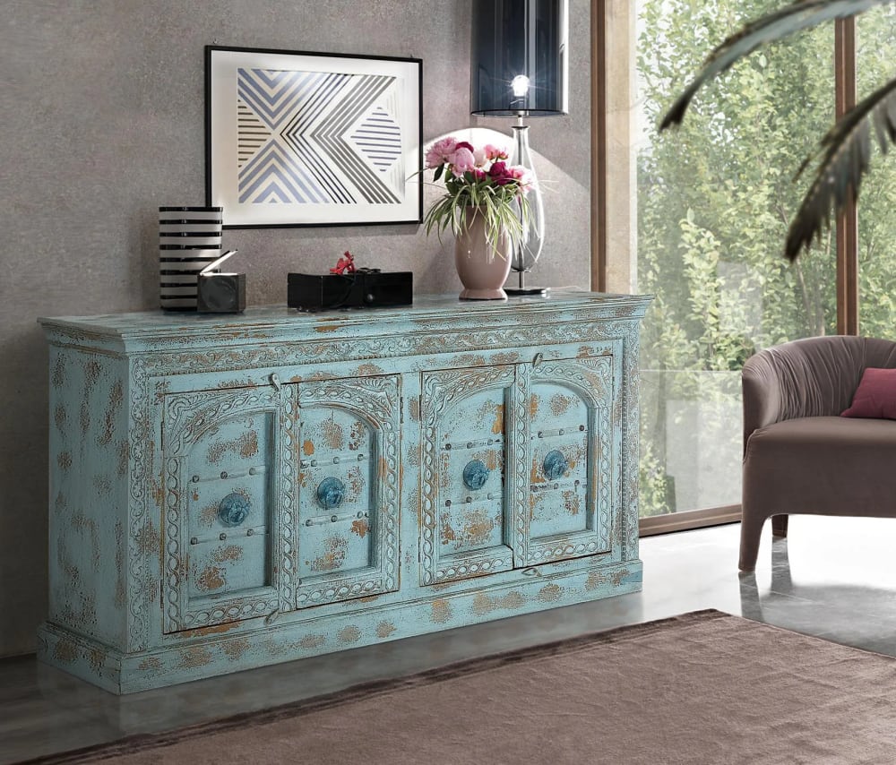 Credenza 4 ante in massello di mango intagliato verde acqua -