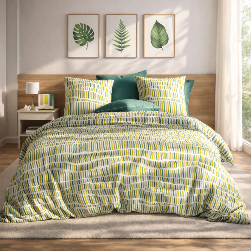 Parure housse de couette coton imprimée + 2 taies 240x220 cm