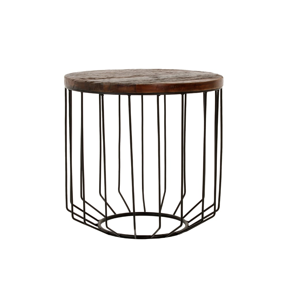 Mesa auxiliar de centro 50x50cm redonda madera antigua, marco de metal