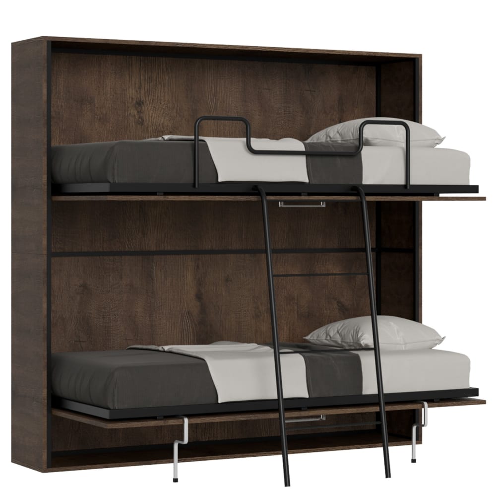 Lit escamotable horizontal superposé av.matelas effet bois noyer