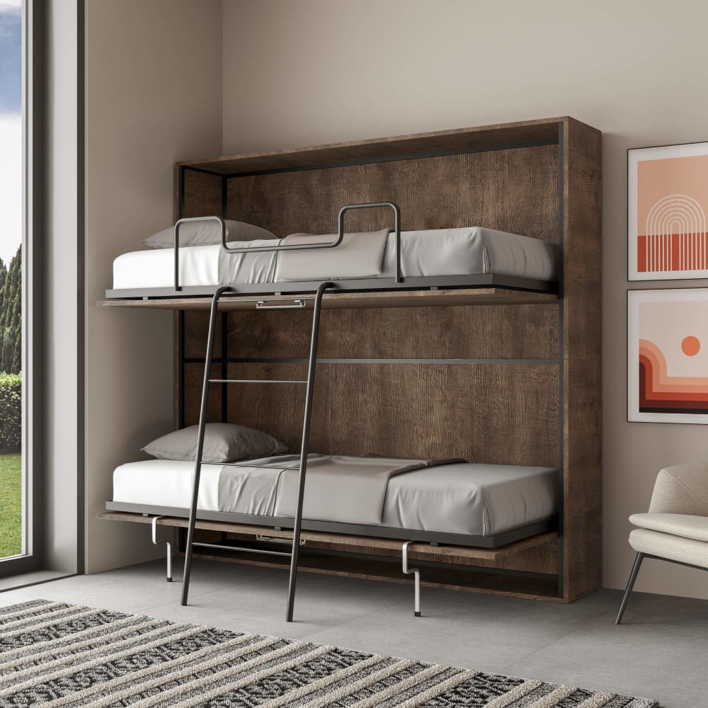 Horizontales Doppelklappbett mit Matratzen in Holzoptik