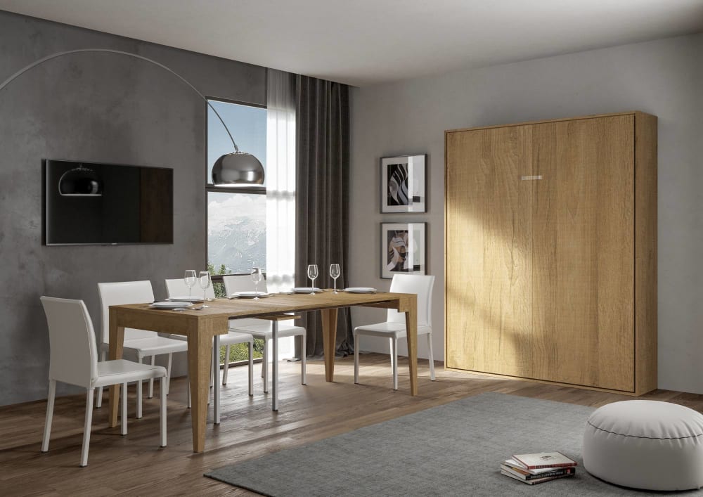 Lit escamotable vertical 160 effet bois chêne nature