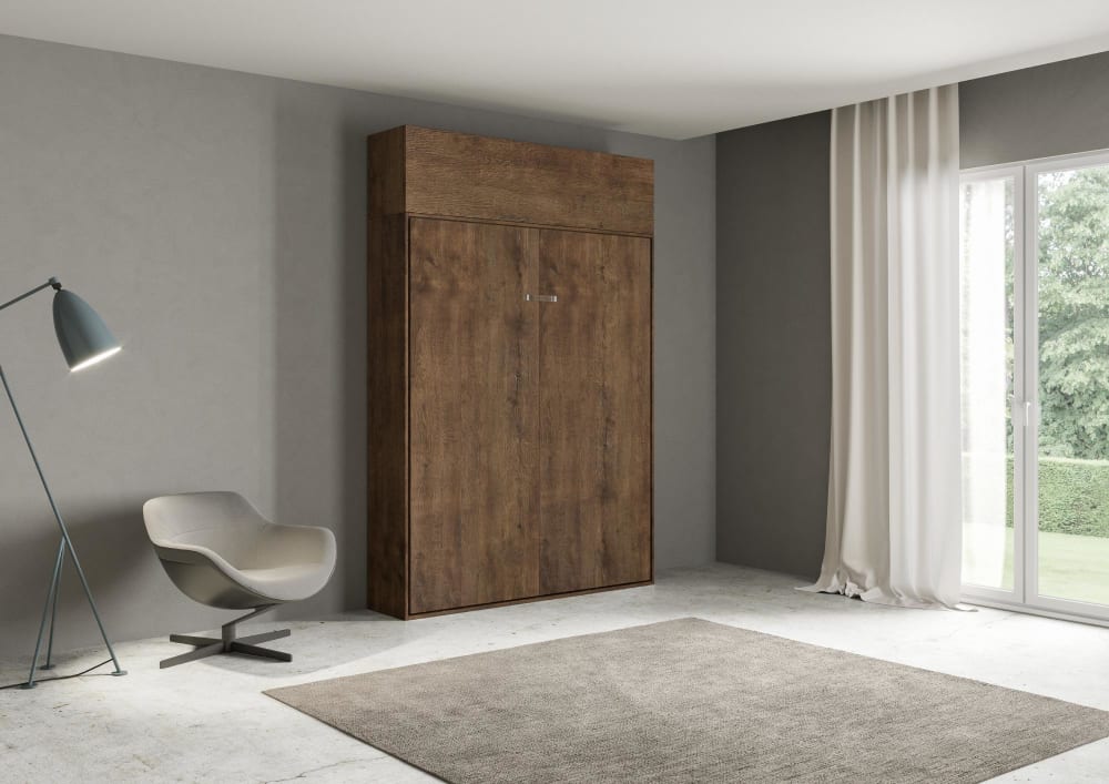 Lit escamotable vertical 160 av.èlèment haut effet bois noyer