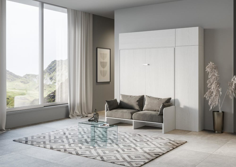 Lit escamotable vertical 160 av.meublier effet bois frêne blanc