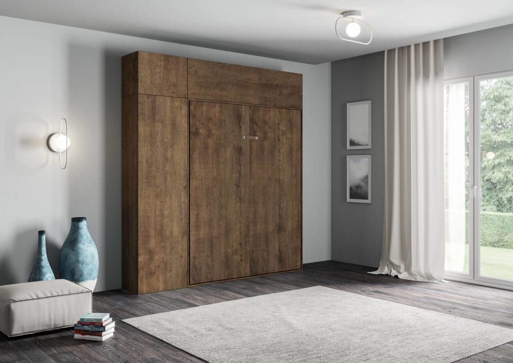 Lit escamotable vertical 140 av.meublier effet bois noyer