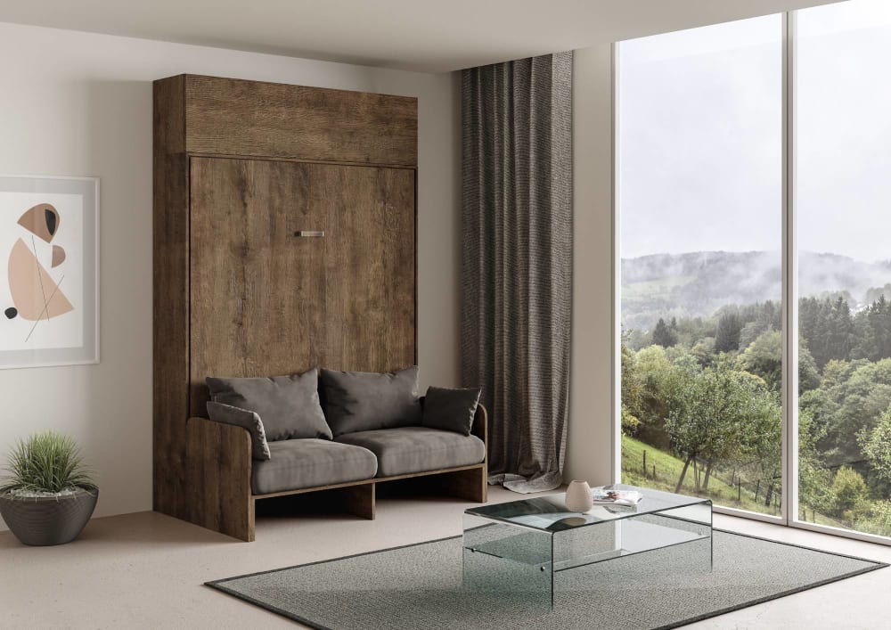 Lit escamotable vertical 160 av.èlèment haut effet bois noyer