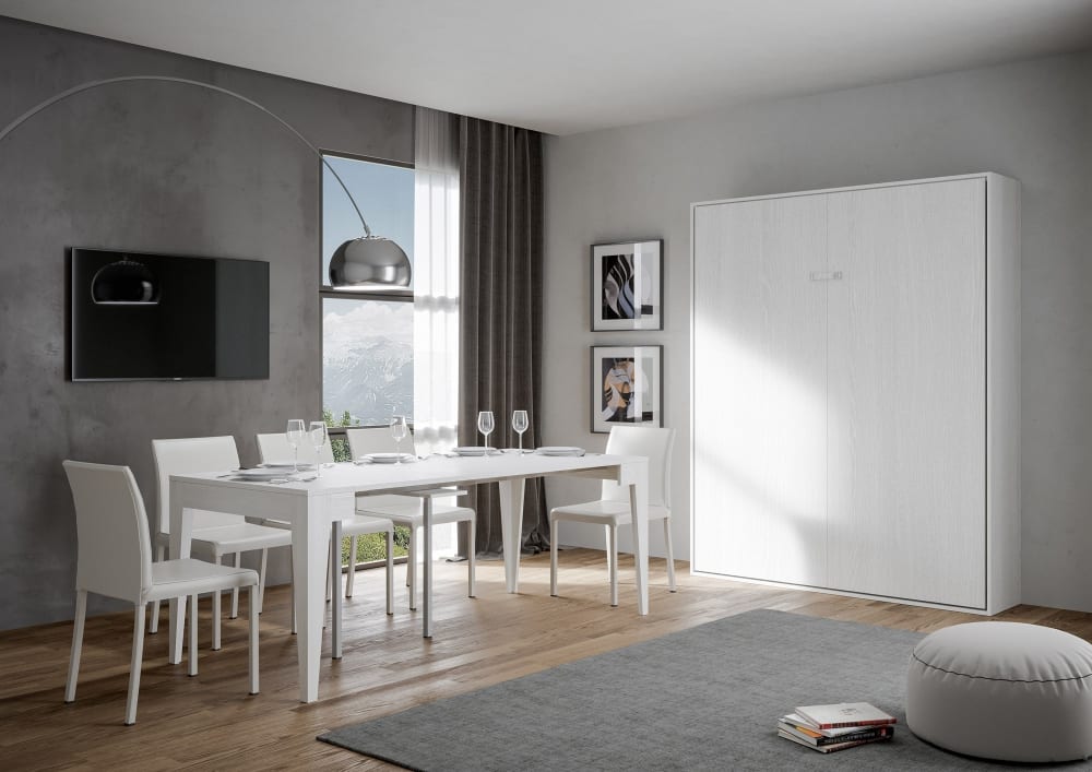 Vertikales Schrankbett 140cm in Holzoptik Esche weiß - Maisons Du