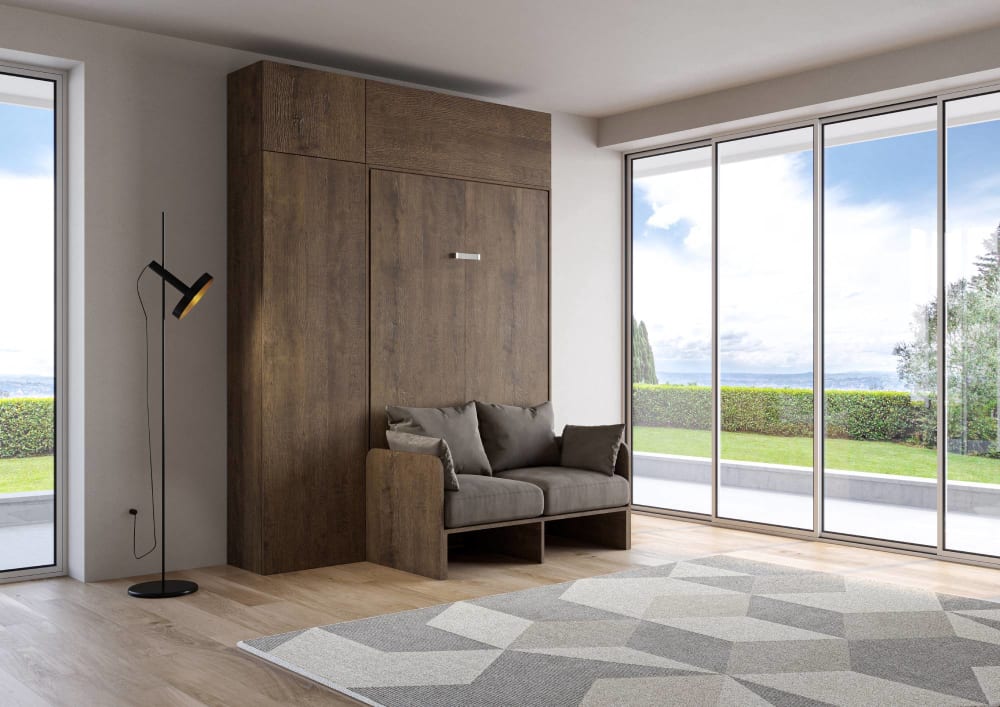 Lit escamotable vertical 140 av.meublier effet bois noyer