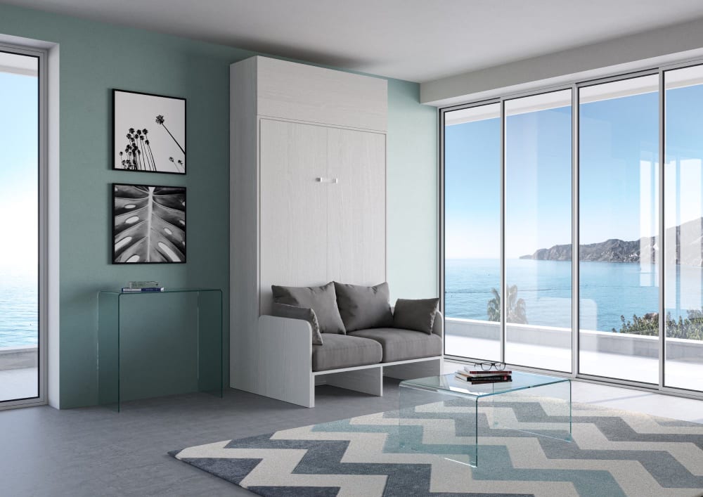 Lit escamotable vertical 140 av.èlèment haut effet bois frêne blanc