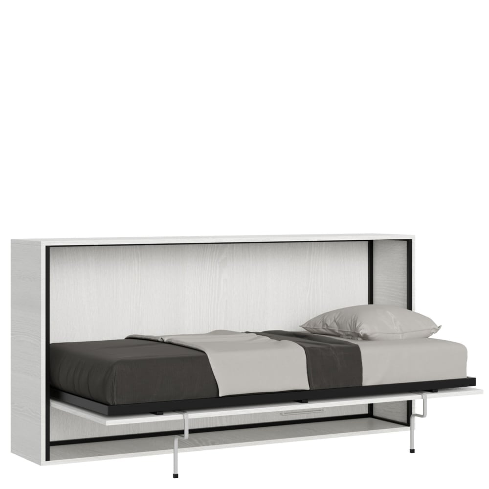 Lit escamotable horizontal 1couchage av.matelas effet bois frêne blanc