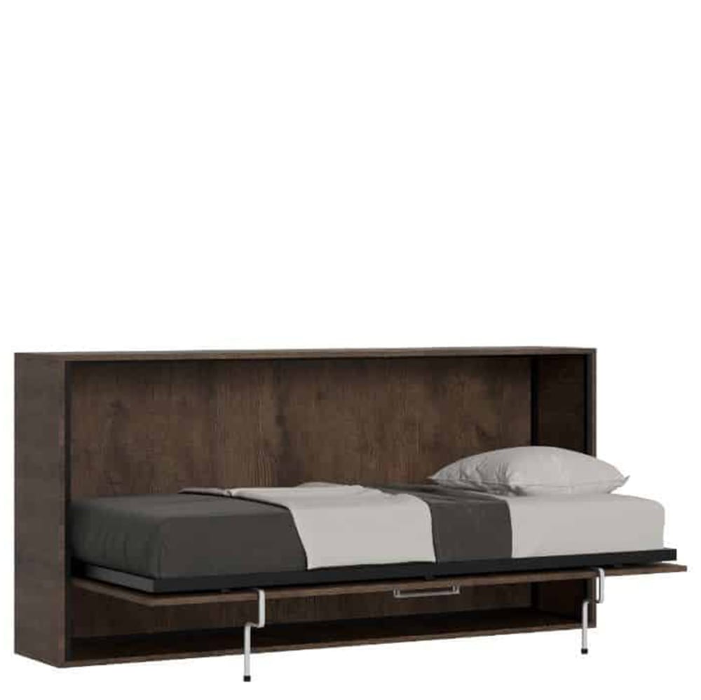 Lit escamotable horizontal 1 couchage av.matelas effet bois noyer
