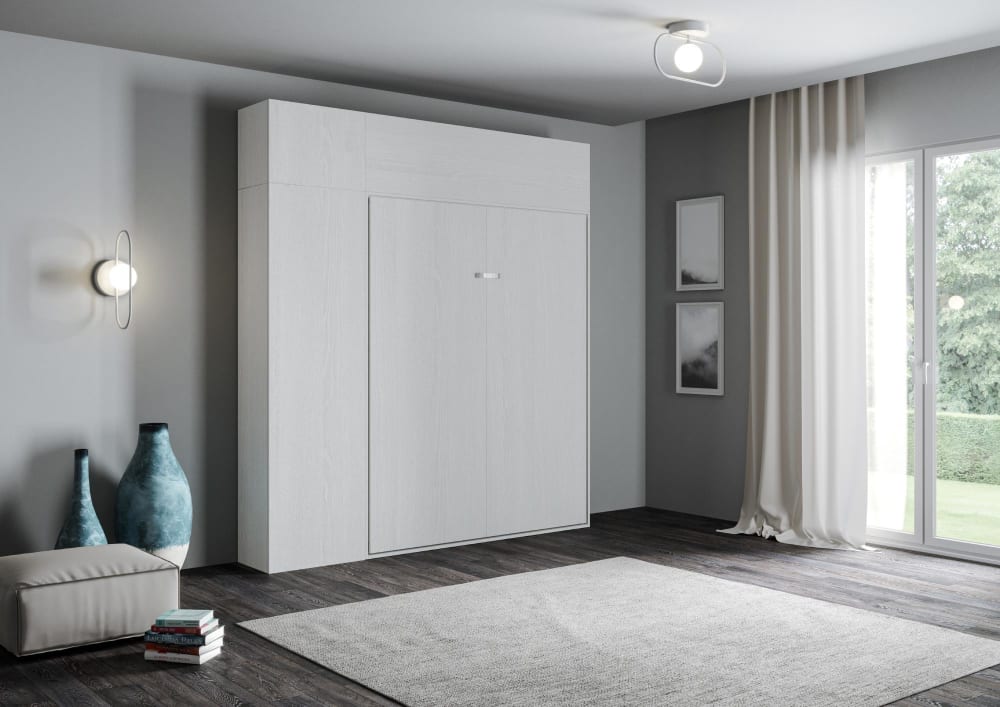 Lit escamotable vertical 120 av.meublier effet bois frêne blanc