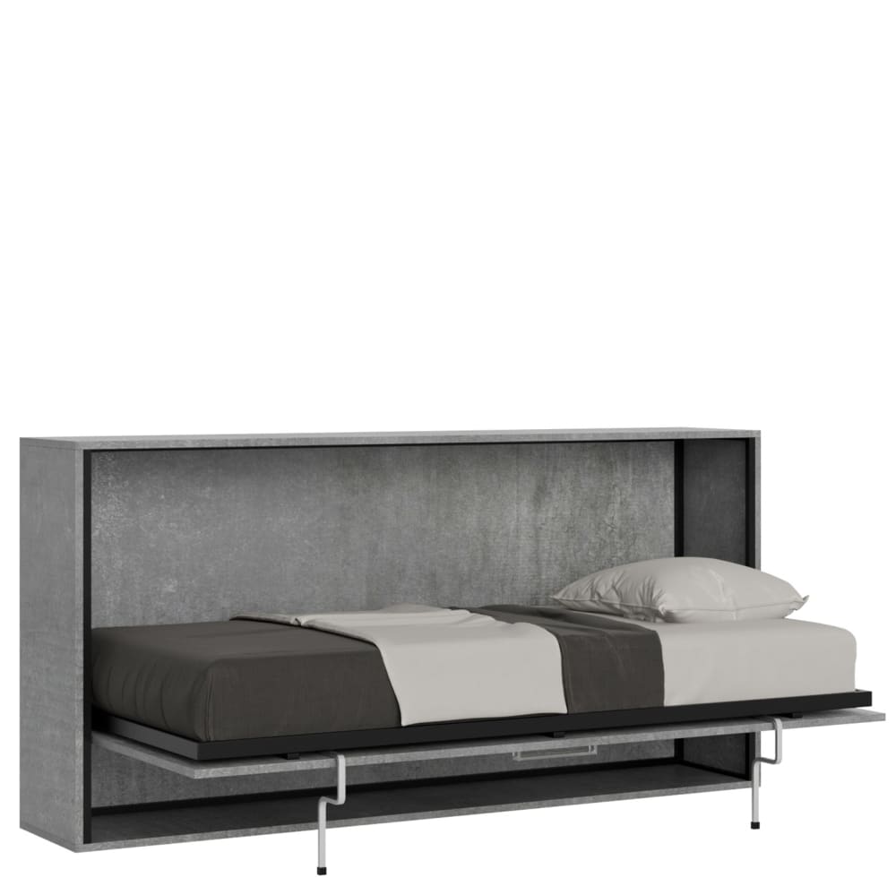 Lit escamotable horizontal 1 couchage av.matelas effet bois gris béton