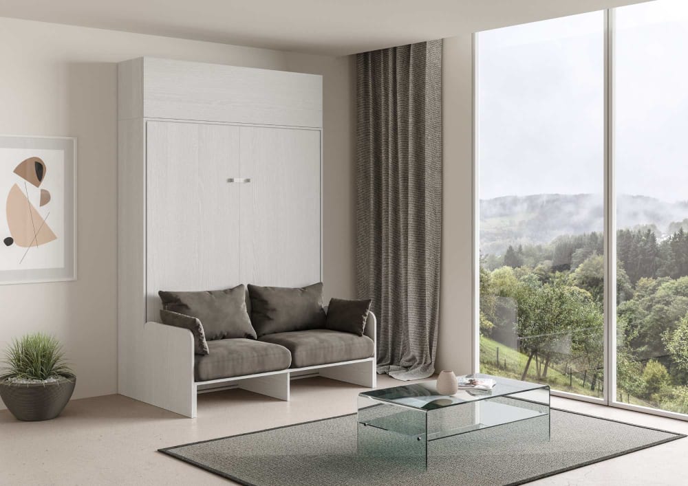 Lit escamotable vertical 160 av.èlèment haut effet bois frêne blanc