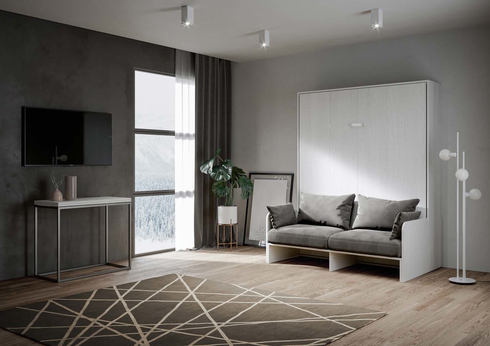 Vertikales Schrankbett mit Sofa160cm in Holzoptik Esche weiß -