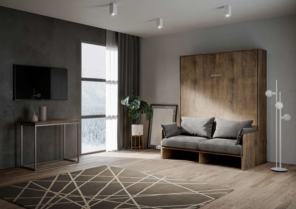 Vertikales Schrankbett mit Sofa160cm in Holzoptik Nussbaumbraun -