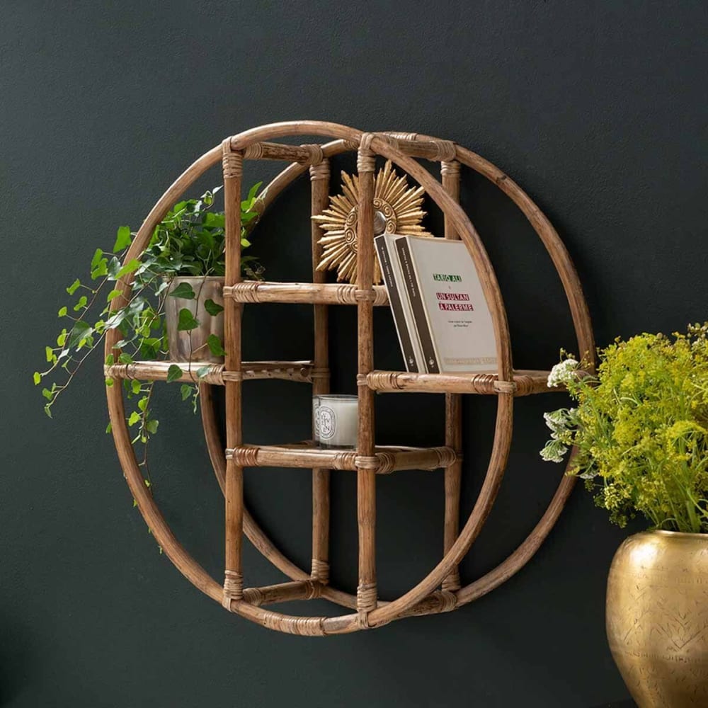 Étagère murale ronde en rotin style vintage