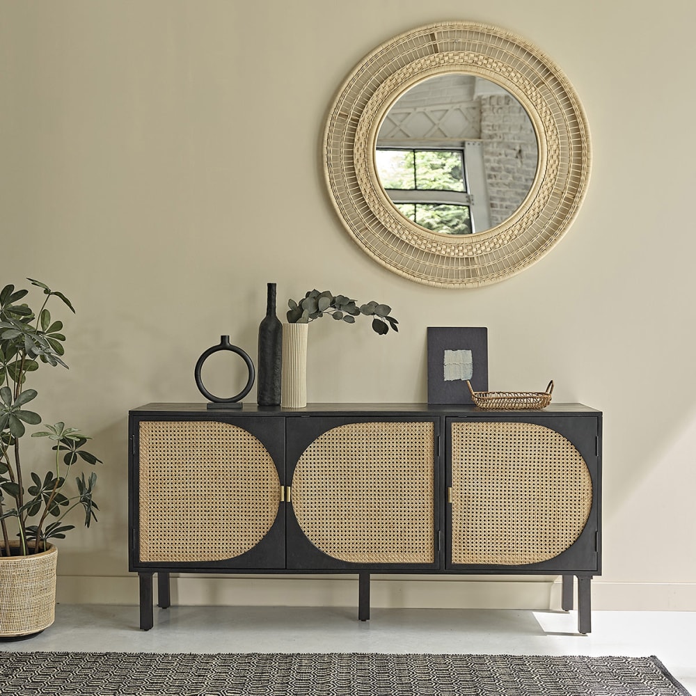 BERAH GETAH Buffet en manguier massif noir et cannage 160 cm style contemporain Noir Bois - 160x75x40cm