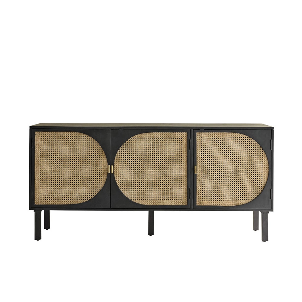 Buffet aus massivem Mangoholz schwarz und Rohrgeflecht 160 cm -