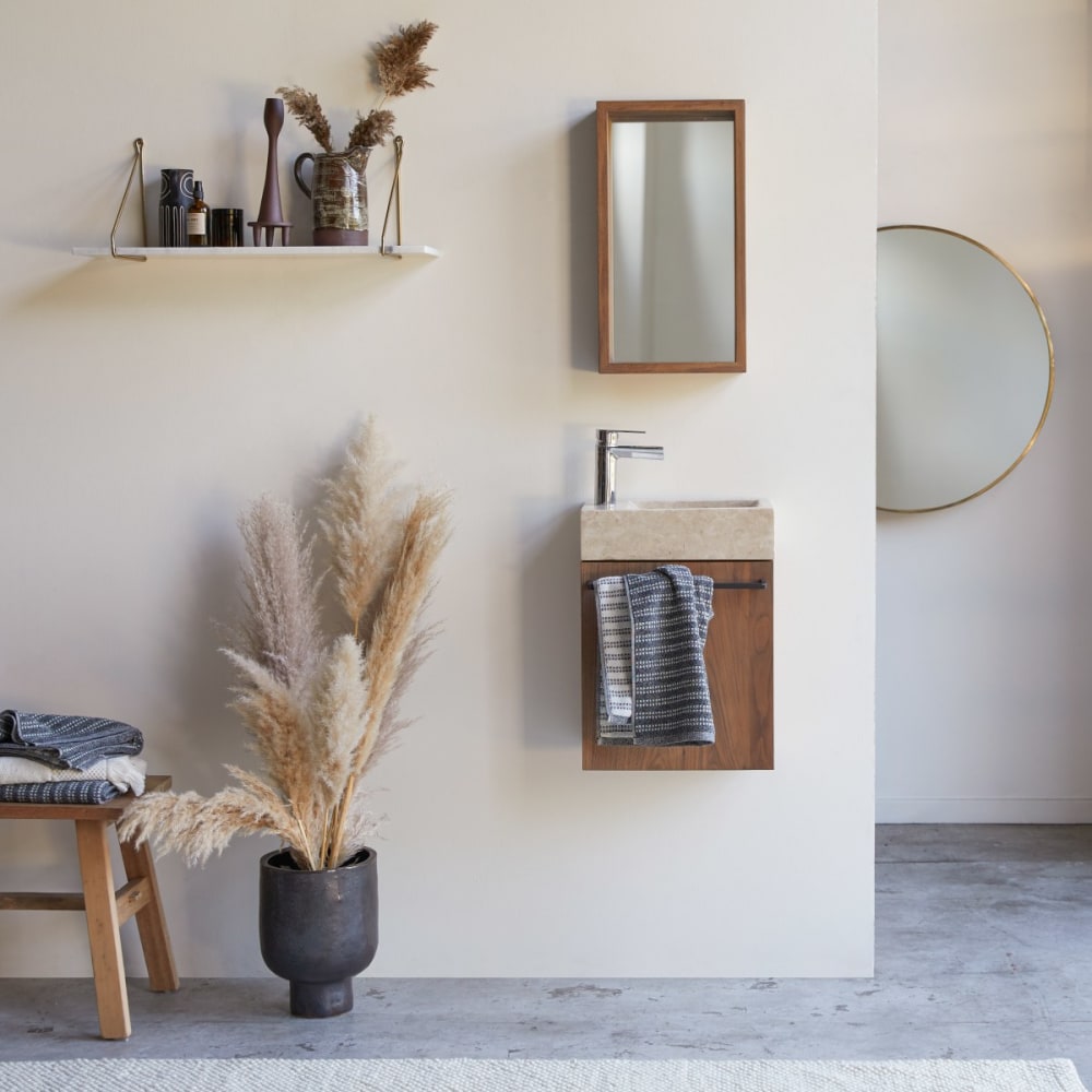 Tikamoon Handwaschbecken aus massivem Nussbaum und cremefarbenem Marmor style classic chic Beige Holz