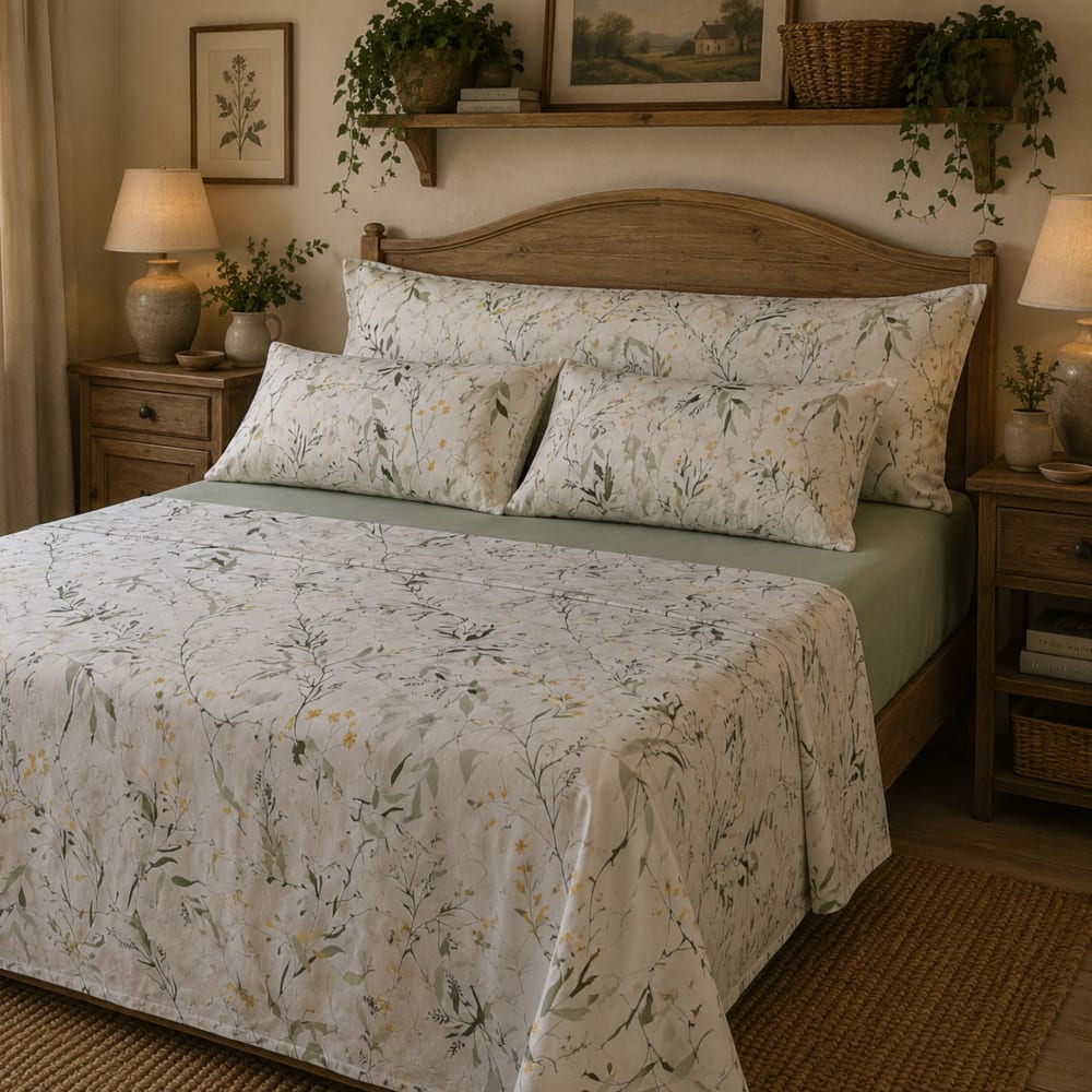Juego de sábanas 100% algodón 3 piezas flores natural - cama 135 cm